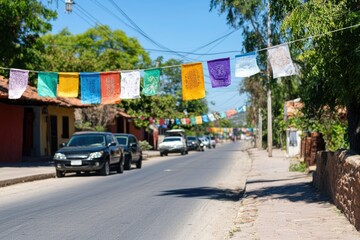 Obraz premium Roadside cars with colorful banners festive atmosphere travel and lifestyle