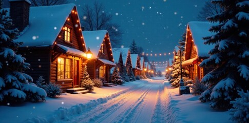 Snowy village street at night with Christmas lights and decorations, village, twinkling, night