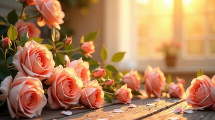 Peach roses scattered on weathered wood, bathed in warm golden sunlight, creating a romantic and serene atmosphere.