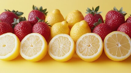 Row of lemons, cut and whole, mixed with strawberries on a sunny yellow background. Bright, appetizing