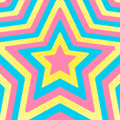 同心状の星、ハーフトーンのドットの背景、ポップなデザイン、装飾的な放射型図形、正方形サイズ