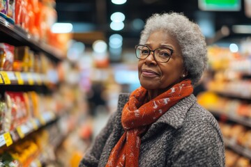 Obraz premium Photo of a senior African American woman shopping in grocery store