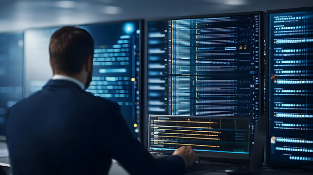 IT Professional Monitoring Network Security On Multiple Screens With Complex Code In Dark Control Room With Blue Light