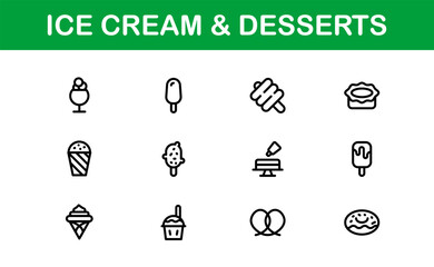 Modern Ice Cream and Desserts Icon Set Vector Illustration. Featuring Essential Symbols for Sweet Treats, Cakes, and Frozen Desserts