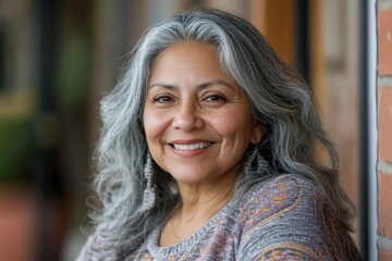 Naklejka premium Portrait of a elderly Hispanic woman smiling in front of nursing home in Usa