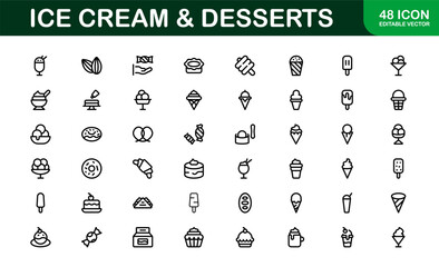Modern Ice Cream and Desserts Icon Set Vector Illustration. Featuring Essential Symbols for Sweet Treats, Cakes, and Frozen Desserts