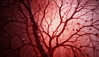 Abstract Red Tree Branch Network With Dark Spheres