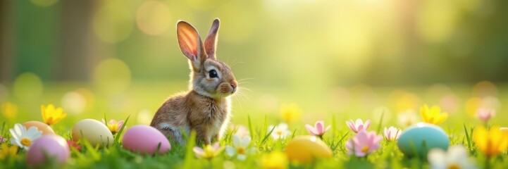 Fototapeta premium Bunny ears sitting on a field of colorful flowers with Easter eggs scattered around, meadow, decorations