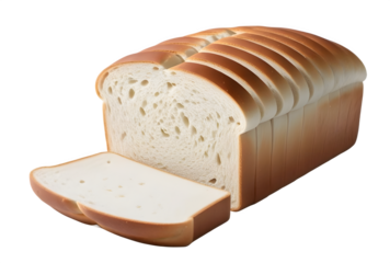 Realistic sliced white bread with one end cut, showing soft texture inside. Perfectly detailed for visual use. Transparent background, isolated object.