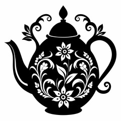 Black Silhouette of a Decorative Floral Teapot Vector Illustration