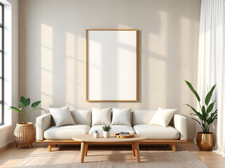 japandi living room mockup, minimalist scandinavian interior, empty frame, plaster walls, soft daylight, wood details, 3d render