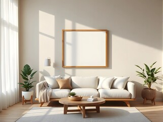 japandi living room mockup, minimalist scandinavian interior, empty frame, plaster walls, soft daylight, wood details, 3d render