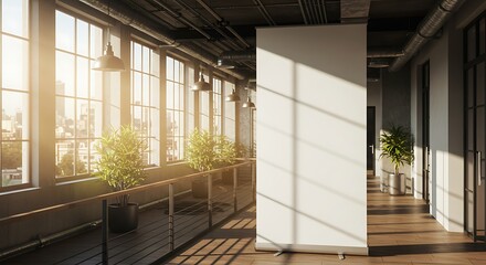 Obraz premium Blank Display Stand in Bright Hallway with City View