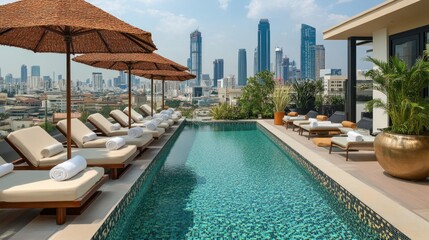 Fototapeta premium Rooftop pool at luxury hotel with skyline view and neatly folded travel towels