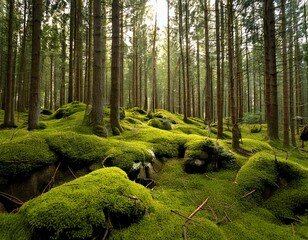  wilderness landscape forest with pine trees and moss on rocks