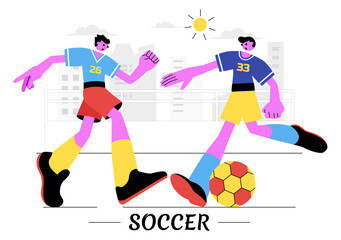 Soccer Vector Illustration Featuring a Man Kicking a Soccer Ball on a Green Field for a Football League and Sports Match in a Flat Cartoon Background