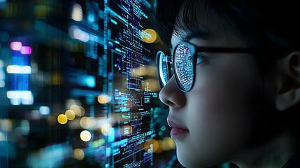 Woman Wearing Glasses Observing Data Reflection on Digital Screen in Dark City Setting