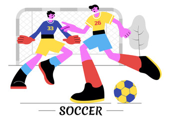 Soccer Vector Illustration Featuring a Man Kicking a Soccer Ball on a Green Field for a Football League and Sports Match in a Flat Cartoon Background