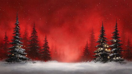 Naklejka premium Snowy forest scene at night, red sky, Christmas lights