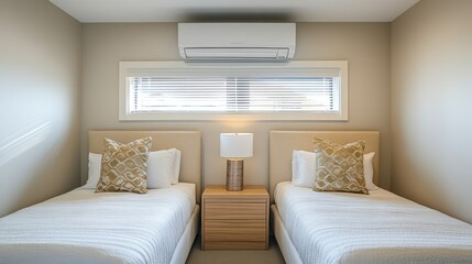 Fototapeta premium Small guest bedroom with wall-mounted air conditioner above twin beds, neutral tones and natural light