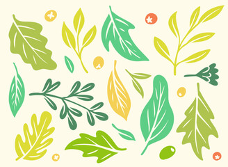 Set of Doodle Green Leaves Clip Art Spring Leaf icon and Background tropical fresh wild and natural in vector