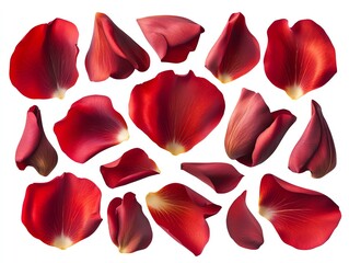 Red rose petals falling on a white background create a romantic and elegant feel. Perfect for Valentine's Day cards or romantic designs.
