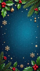Snowflakes and holly leaves surrounded by golden accents hanging from a dark blue background, snowflakes, holiday