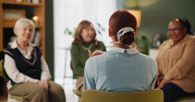 Group, people or discussion in circle for therapy, speaking for depression or anxiety problem. Solidarity, conversation or psychologist with help in office, collaboration or support for mental health