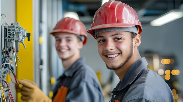 Two Young Electrical Technicians Working On Control Panel Wearing Safety Helmets And Smiling In Industrial Setting - Powered by Adobe