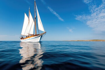 Fototapeta premium Sailing boat on open sea with white sails under blue sky maritime transportation