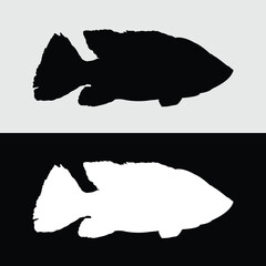 Bass fish peacock silhouette logo design with white and black background