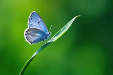 Obraz premium Delicate blue butterfly perched on a leaf green stem , delicate, blue watercolor butterfly