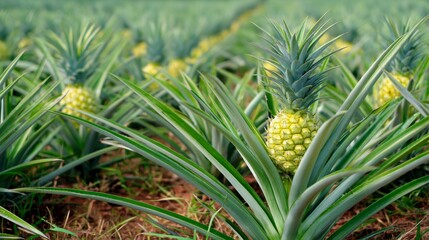 Fototapeta premium Close-up of ripe pineapple fruit with spiky green leaves growing in tropical field under sunlight on a summer day, surrounded by young pineapple plants and lush grass in vibrant natural daylight scene