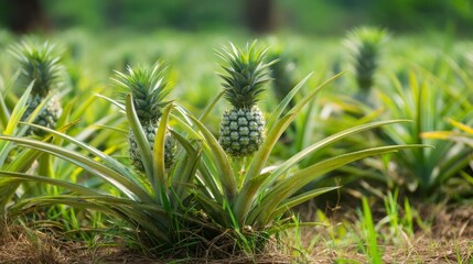 Fototapeta premium Close-up of ripe pineapple fruit with spiky green leaves growing in tropical field under sunlight on a summer day, surrounded by young pineapple plants and lush grass in vibrant natural daylight scene
