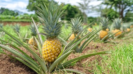 Obraz premium Close-up of ripe pineapple fruit with spiky green leaves growing in tropical field under sunlight on a summer day, surrounded by young pineapple plants and lush grass in vibrant natural daylight scene