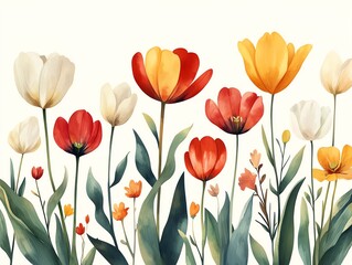 Obraz premium Watercolor painting of colorful tulips in a spring floral border design. Perfect for cards, invitations, and spring decor.