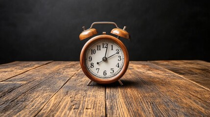 Wooden table showcases a vintage alarm clock against a dark backdrop, emphasizing the time and its importance