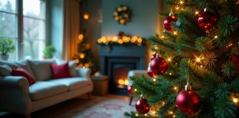 Evergreen Christmas tree with colorful ornaments and lights in a cozy living room, ornaments, room, holiday