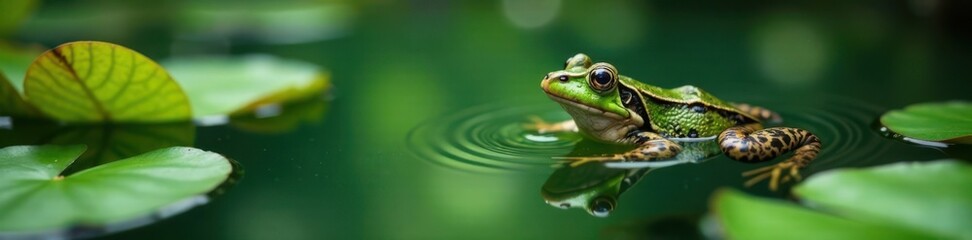 Frog taking a leisurely swim in a pool of water with lily pads, aquatic, pool