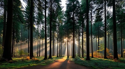 Obraz premium Forest Sunlight Path Sunrise