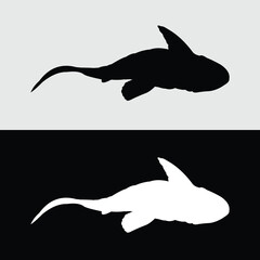 Broomstick fish silhouette logo design on white and black background