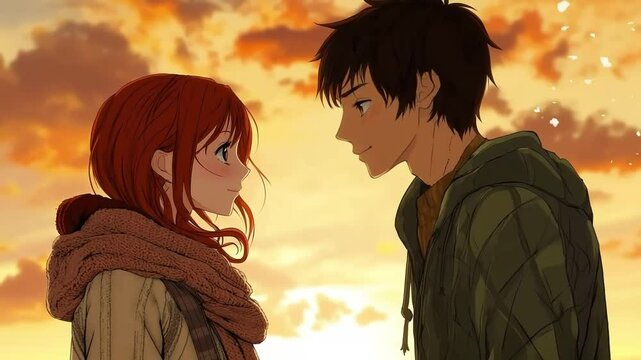 Romantic anime scene of a young couple smiling at each other during a warm, golden sunset with soft lighting and emotion.