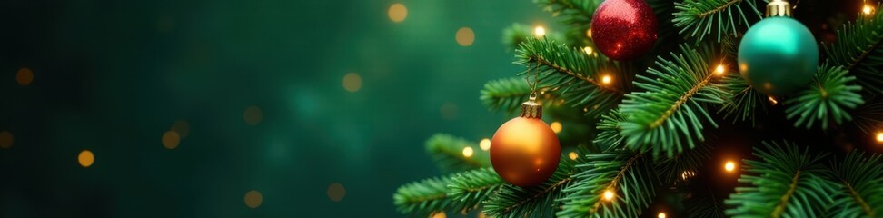 Green Christmas tree with colorful ornaments and lights , decorations, holiday