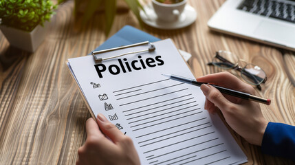 Policy documentation and compliance concept. A person reviews digital document labeled "Policies" with icons, checklists, certifications, and financial detail. policy management, regulatory compliance