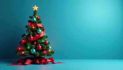 Obraz premium Modern Christmas tree in a blue background with colorful ornaments and lights, holiday decor, winter scene, christmas lights