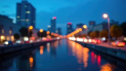 Abstract cityscape with blurred lights, circular bokeh on blue sky, urban landscape, bokeh