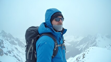 photo of a man mountaineer in full height wearing special blue clothes background reveals more snowy mountains