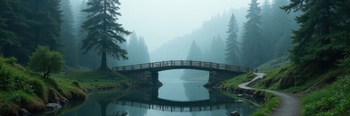 Obraz premium Misted fir trees and ancient wooden bridge in a serene atmosphere, bridge, mist