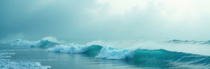 Misty morning fog gently rising over tranquil turquoise ocean waves, ocean, calming