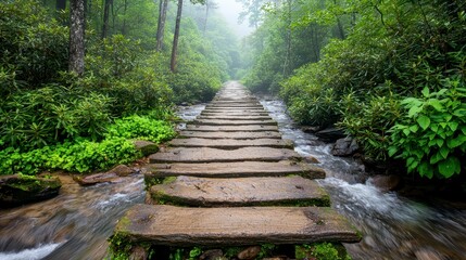 Obraz premium Misty Rainforest Stone Path Crossing Stream